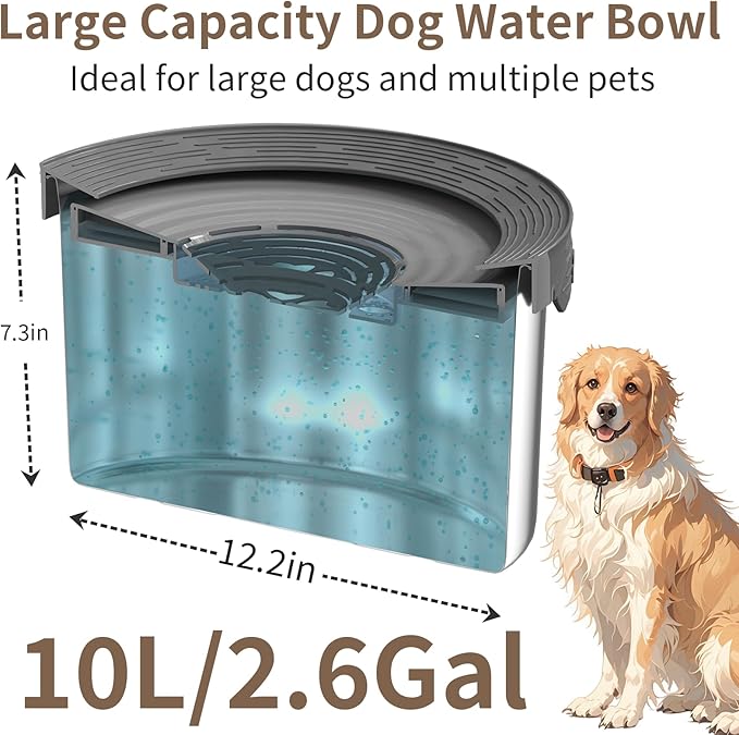 10L Dog Water Bowl No Spill 2.6 Gallon Super Large Capacity Stainless Steel No Splash Dog Bowls 338oz Slow Drinking Feeder with Non-Slip Base Pet Water Dispenser for Dogs