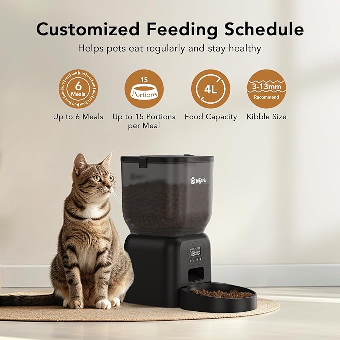 Automatic Dog & Cat Feeder with Freshness Preservation, 4L Timed Cat Feeder with LCD Screen.Up to 6 Meals Per Day and 1-15 Portion for Cats & Dog (Black)