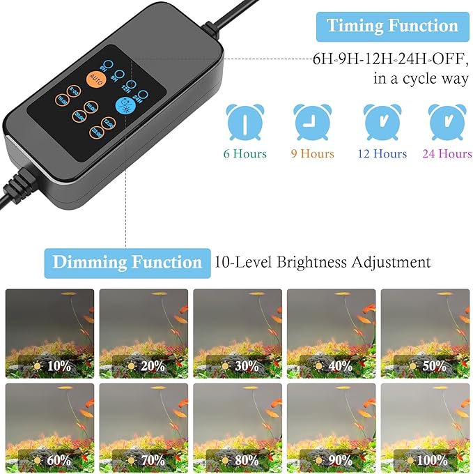 HITOP 32-36in Full Spectrum LED Aquarium Light with Timer, Auto 24/7 Lighting Cycle& 10-Level Brightness Adjustment, Fish Tank Light for Plant Growth, with Extendable Brackets