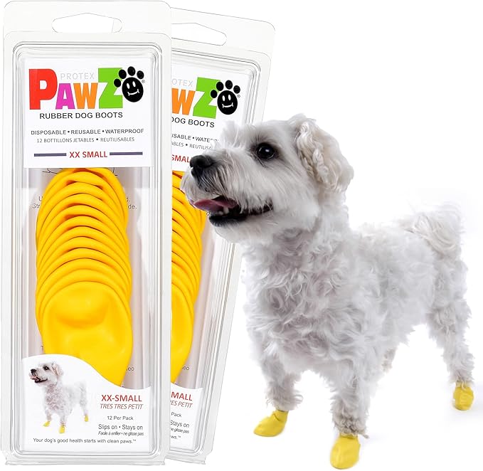 PawZ Rubber Dog Boots for Paws up to 1 1/2", 24 Total (2 Packs of 12) - All-Weather Dog Booties for Hot Pavement, Snow, Mud, and Rain - Waterproof, Anti Slip Dog Socks - XX-Small, Yellow