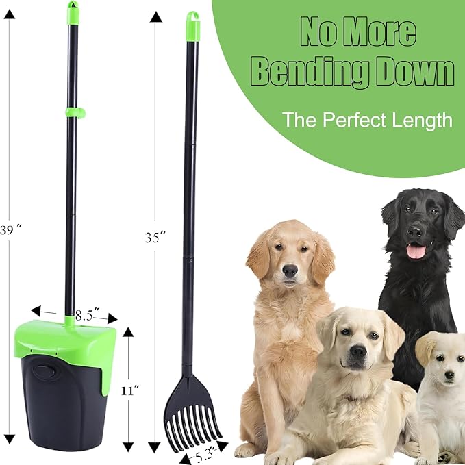 Pooper Scooper Large Swivel Bin & Rake with 160 Waste Bags,Heavy Duty Dog Pooper Scooper with Bag Attachment for Large Small Dogs, Long Handle Poop Scooper with Lid for Yard, Grass, Gravel (Green)