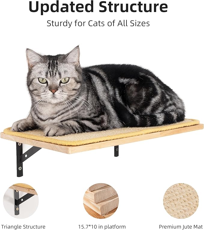 Meowoou Cat Wall Shelf with Sisal Mat, Wall Mounted Rubber Wood Cat Wall Furniture, Cats Climbing Steps for Wall, Cats Window Perches for Sleeping, Playing and Scratching