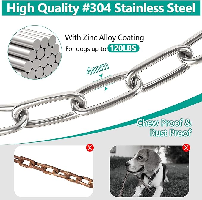 Tresbro Heavy Duty Dog Chains for Outside, 30FT Stainless Steel Tie Out Cable with Swivel Hook for Large Medium Dogs, Metal Chew Proof Pet Runner Chain Leash for Outdoor Camping Hiking Yard Lead, 4MM