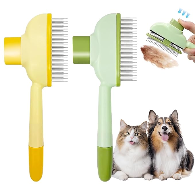 Flea Combs for Cats and Dogs with Release Button,Long & Short Stainless Steel Teeth for Deshedding, Fine Tooth Pet Brushes for Grooming Pet Hair Removal for Long and Short Hair 2 Pack