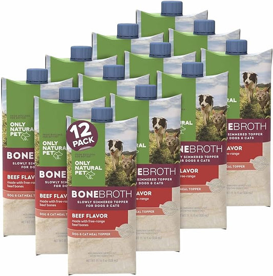 Only Natural Pet Bone Broth Beef Flavor Dog & Cat Meal Topper, 100% Human-Grade Slow-Simmered, Free-Range for Dry Food or to Hydrate Dehydrated Food - (12-Pack / 11.16 oz Each)