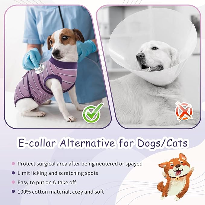 Kuoser Dog Surgery Recovery Suit for Female Male Dogs, Stripes Spay Neuter Anti-Licking Dog Onesie, Abdominal Wounds Surgical Suit Snugly Pet Collar Alternative Post Surgery Vest Bodysuit, Purple M