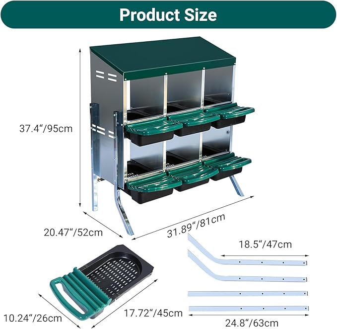 Nesting Boxes for Chickens, Chickens Laying Boxes for Chicken Coop with Legs, 6 Compartments Chicken Nesting Boxes, with Removable Tray, Easy Cleaning, for Hens Outdoor Chicken Coop Farm Yard, Green