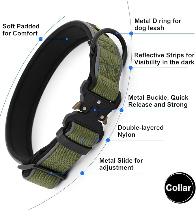 Plutus Pet Tactical Dog Collar, Reflective, Adjustable Heavy Duty Dog Collar, Soft Padded and Comfortable, for Small Medium and Large Dogs (Ranger Green, XS)