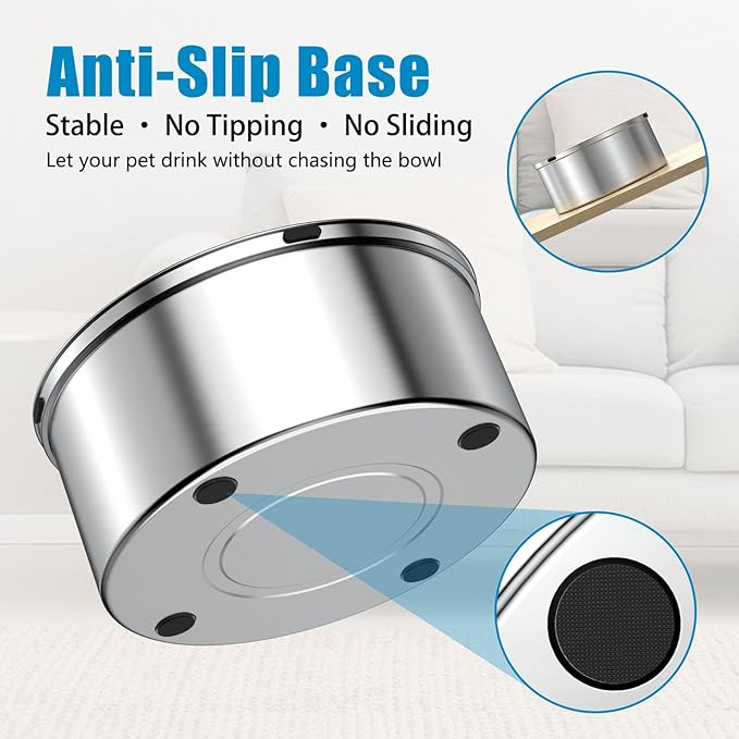 SCHITEC Dog Water Bowl No Spill 3L/0.8 Gallon Slow Drinking Anti-Splash Stainless Steel Dog Bowl with Floating Disk, Spill Proof Pet Travel Water Dispenser for Sloppy Messy Drinkers(Light Gray)