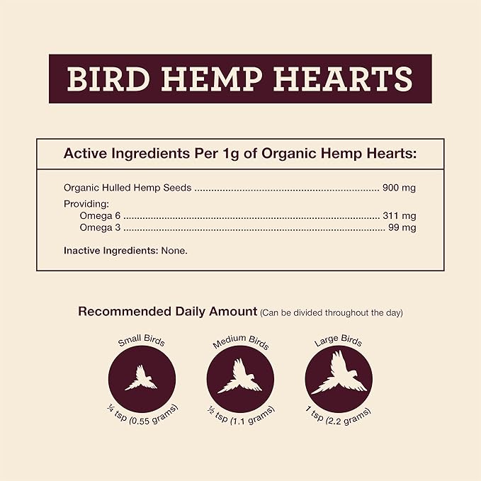 Hemp Well Organic Hemp Hearts –Reduces Feather Plucking, Promotes Relaxation, Immune Support, Organically Sourced, USA Grown, GMO Free – 1 Pound Bag