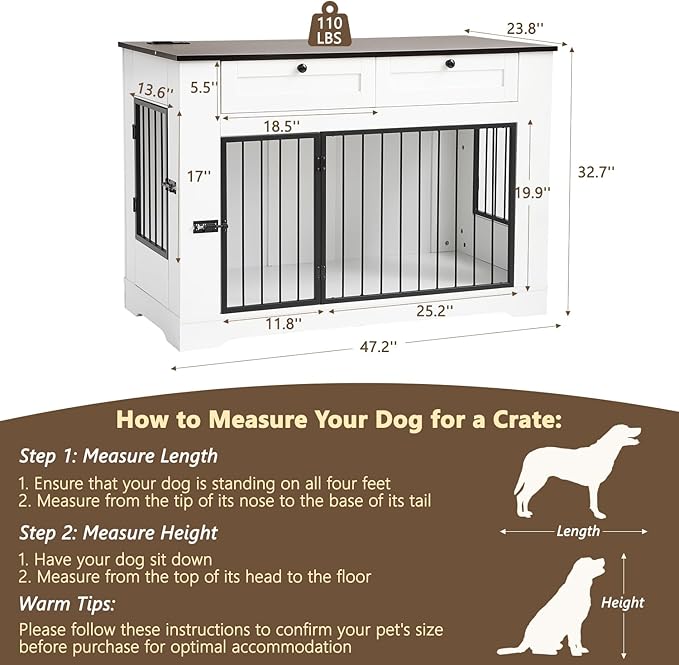 Large Dog Crate Furniture-Decorative Heavy Duty Dog Cage Indoor, Wooden Dog Cage End Table with Charging Station, Dog House with 2 Drawers (White, 47.2''L)