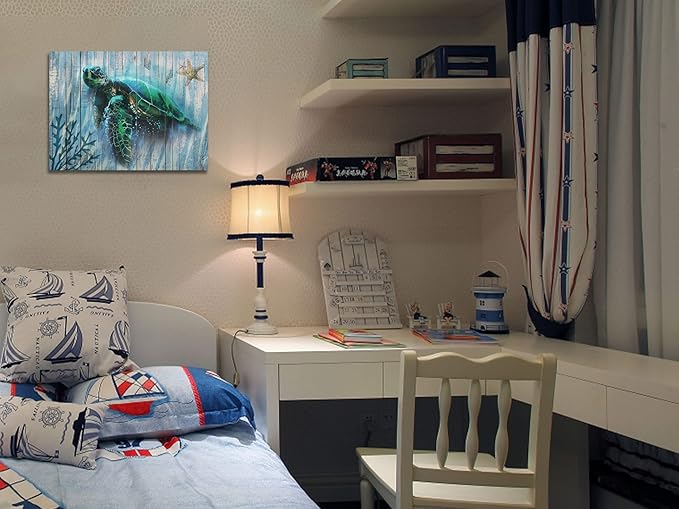 Arjun Bathroom Decor Blue Wall Art Canvas Green Sea Turtle Teal Submarine Picture, Blue Modern Landscape Painting Framed for Living Room Bedroom Home Office Wall Decor, 16"x12"