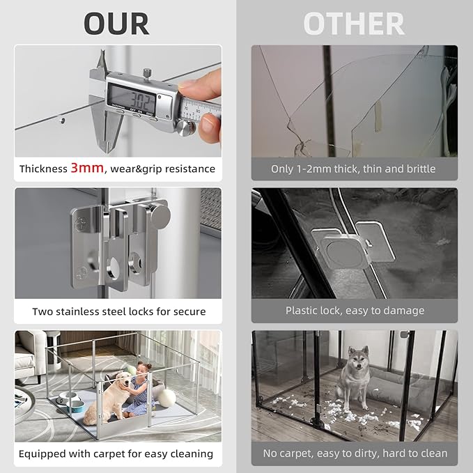 Dog Clear Playpen Fence Kennel: 32” Extra Tall Indoor Pet Birthing Cage Whelping Box with Waterproof Fertility Pad - 52”x52” Extra Large Dogs Exercise Crate Pen Made by Acrylic and Aluminum Frame