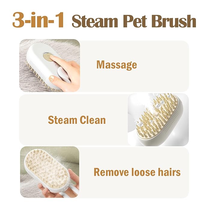 Cat Steam Brush, 3 in 1 Pet Spray Hair Removal Comb, Cats and Dogs Brush for Shedding, Rechargeable Silicone Pet Steam Brushes, Spritz Defur Comb for Massage, Cleaning and Remove Loose Hair - White