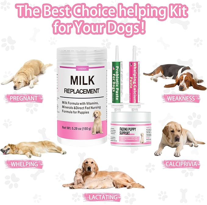 4 in 1 Whelping Kit for Dogs - Whelping Calcium Paste, Probiotic Paste, Fading Puppy Support & Puppy Milk Replacer - Essential Dog Whelping Supplies for Safe Delivery, Strong Puppies & Nursing Support