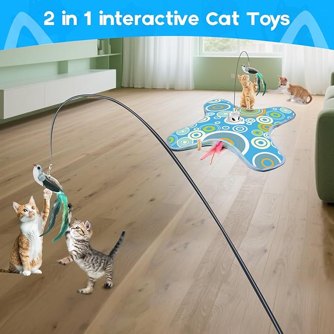 VIWIK Hide and Seek Toys for Indoor Adult Cats with Suction Cup & Cover, Interactive Automatic Moving Concealed Feather Kitten Wand Bird Toy, Cat Enrichment Toys for All Breeds Blue