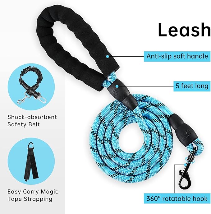 IVY&LANE No Pull Dog Harness for Large Dogs, Dog Vest Harness with Leash, Safety Belt and Storage Strap, Fully Adjustable Harness, 360° Reflective Strip, Soft Handle (Blue, L)