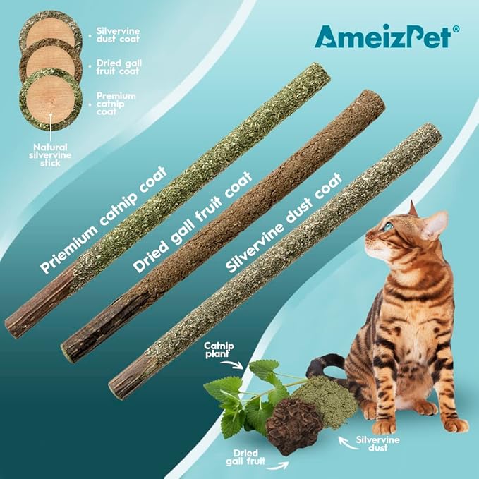 Silvervine Sticks for Cats, Chew Sticks Covered with Catnip Dust - Natural Matatabi Cat Dental Care, Silvervine Cat Teeth Cleaning, 6 Pcs