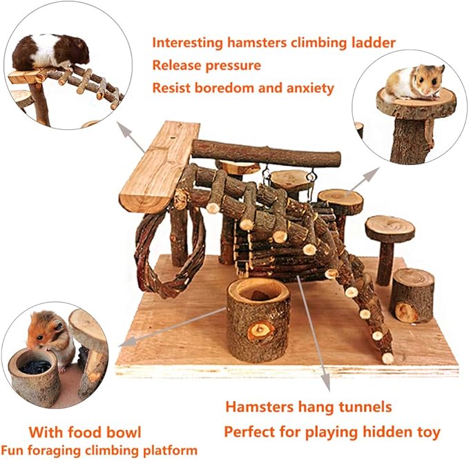 Tfwadmx Wooden Hamster Playground Platform, Small Animals Activity Set Climbing Bridge Ladder Ramps Toys for Mouse Dwarf Hamster Gerbil Chinchilla Guinea Pig Sugar Glider Syrian Hamster