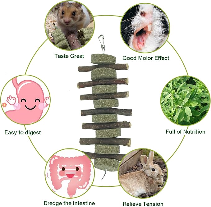 Rabbits Chew Toys Bunny Treats Natural Wood Timothy Hay Grass Chew Toys Treats for Hamster Chinchilla Guinea Pigs 6pcs
