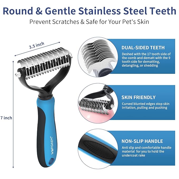 5 in 1 Dog Grooming Kit - Self-Cleaning Slicker Brush for Shedding Short Long Haired Dogs & Cats, Includes Pet Comb, Flea Comb, Bath Brush, Undercoat Rake - Complete Fur Care Set - Blue