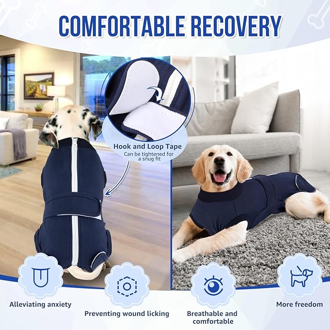 Lukovee Recovery Suit for Dogs, Zipper-On Onesie for Female Male Dog, Abdominal Wounds Cone E-Collar Alternative, Prevent Licking Spay (L, Dark Blue)