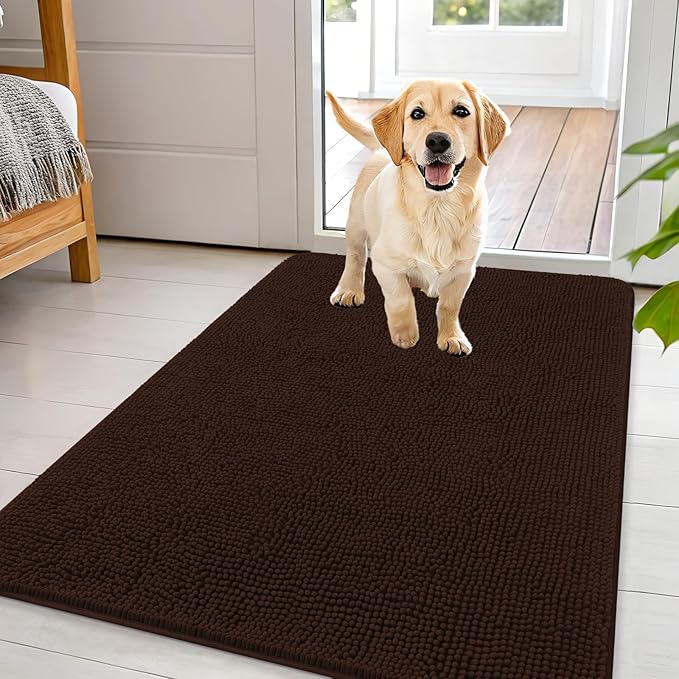 OLANLY Dog Door Mat for Muddy Paws 44x32, Absorbs Moisture and Dirt, Absorbent Non-Slip Washable Doormat, Quick Dry Chenille Mud Mat for Dogs, Entry Indoor Entryway Carpet for Inside Floor, Brown
