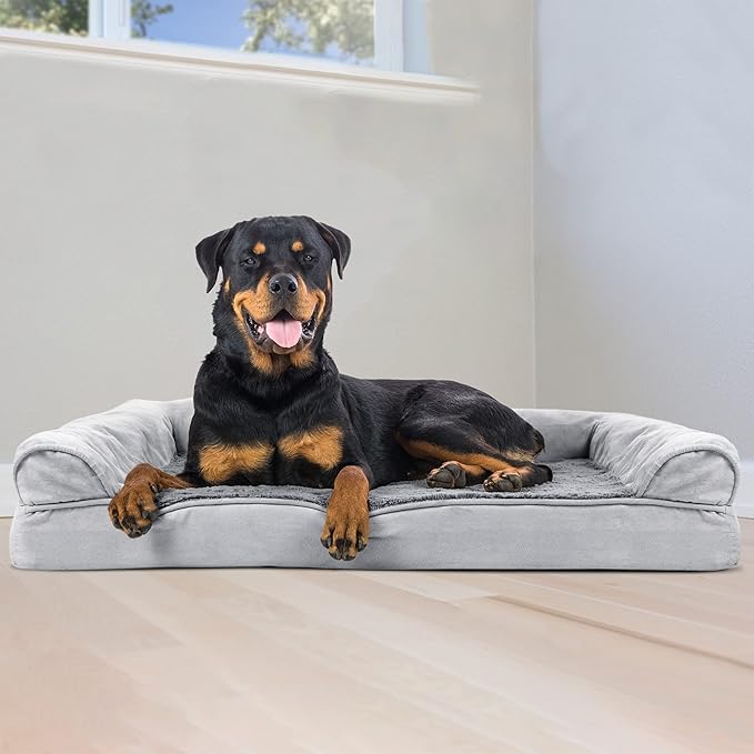 Furhaven Orthopedic Dog Bed for Large Dogs w/ Removable Bolsters & Washable Cover, For Dogs Up to 95 lbs - Plush & Suede Sofa - Gray, Jumbo/XL
