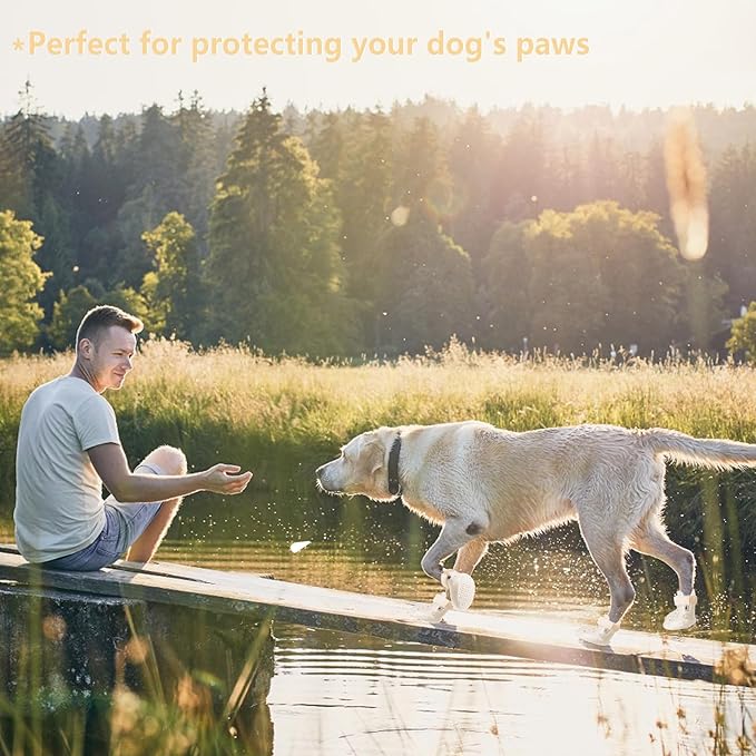 Dog Shoes, Dog Sandals for Hot Pavement, Non-Slip Waterproof Dog Booties for Winter Snowy Day and Summer, Adjustable Straps Easy-Clean Beach Outdoor Pet Boots Rugged Sole-4Pcs Beige