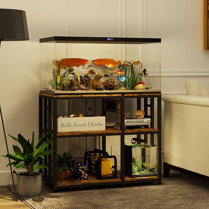 Reinforced 40-50 Gallon Aquarium Stand with Power Outlet | Ultra-Stable 750LBS Capacity Metal Fish Tank Stand for Reptile/Aquatic Setups, 5-Tier Adjustable 37"x19" Steel Shelving System