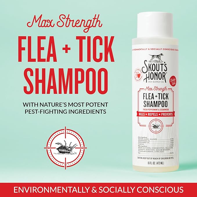 Skout's Honor Flea and Tick Shampoo for Dogs - Natural Peppermint & Cedarwood Formula, Helps to Protect from and Against Fleas, Ticks, and Mosquitos, 16 oz