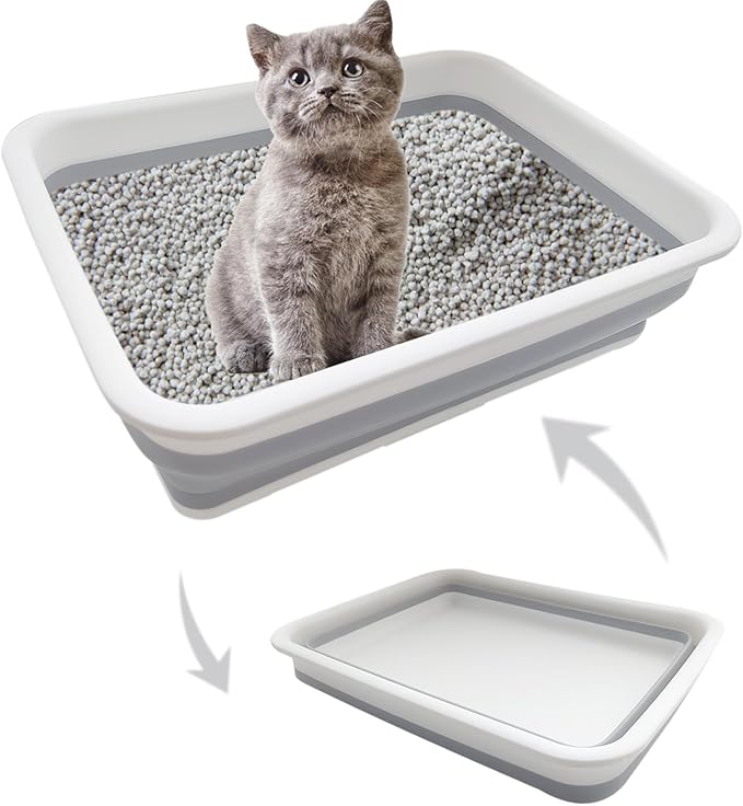 Collapsible Small Cat Litter Box, 14.6 x 10.6 x 4.8 inch Open Waterproof Low Entry Kitten Potty Pan Semi-Enclosed Pet Toilet for Sick Frail Kitty Grey