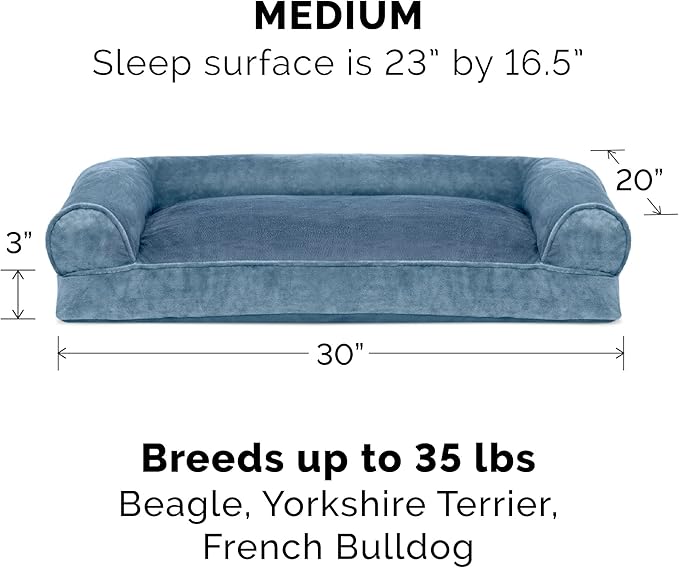 Furhaven Pillow Dog Bed for Medium/Small Dogs w/ Removable Bolsters & Washable Cover - Faux Fur & Velvet Sofa - Harbor Blue, Medium