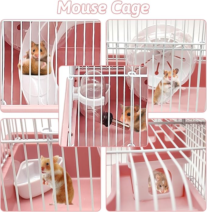 PINVNBY 2-Tier Dwarf Hamster Cage, Travel Portable Mouse Cage Gerbil Cages and Habitats Small Animal Carrier with Castle House Running Exercise Wheels, Water Bottle and Food Dis