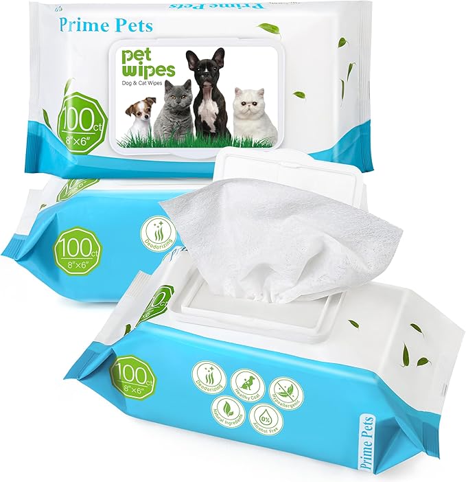 PrimePets Dog Wipes for Paws and Butt, 300 Count, 8" x 6" Pet Grooming Wipes for Dogs Cats Cleaning Deodorizing, Unscented Dog Paw Wipes, Puppy Wipes for Face Bum Eyes Ears Teeth