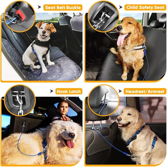Petbobi Dog Seat Belt for Car - 2 Pack Chew Proof Durable Dog Seatbelt Tether for Small Medium Large Pets - Metal Vehicle Harness Restraint with Double Clips and Latch - Car Leash for Safety Travel