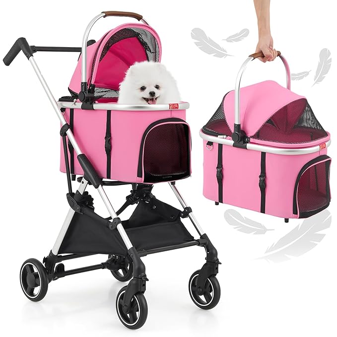 MoNiBloom Pet Stroller for Small/Medium Dogs w/Detachable Carrier & Lightweight Aluminum Frame, Folding Jogging Travel Stroller, Pink