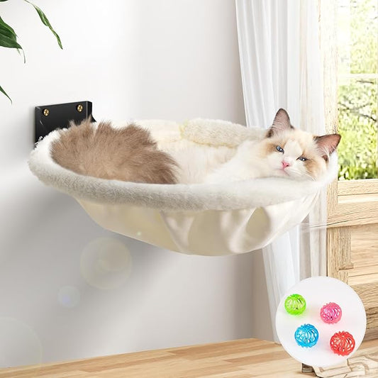Cat Hammock Wall Mounted, Foldable & Stable Cat Beds- Breathable Cats Wall Shelves for Sleeping, Playing, Climbing, and Lounging - Maximum Hold Up to 30lb（Cream,Faux Rabbit Fur）