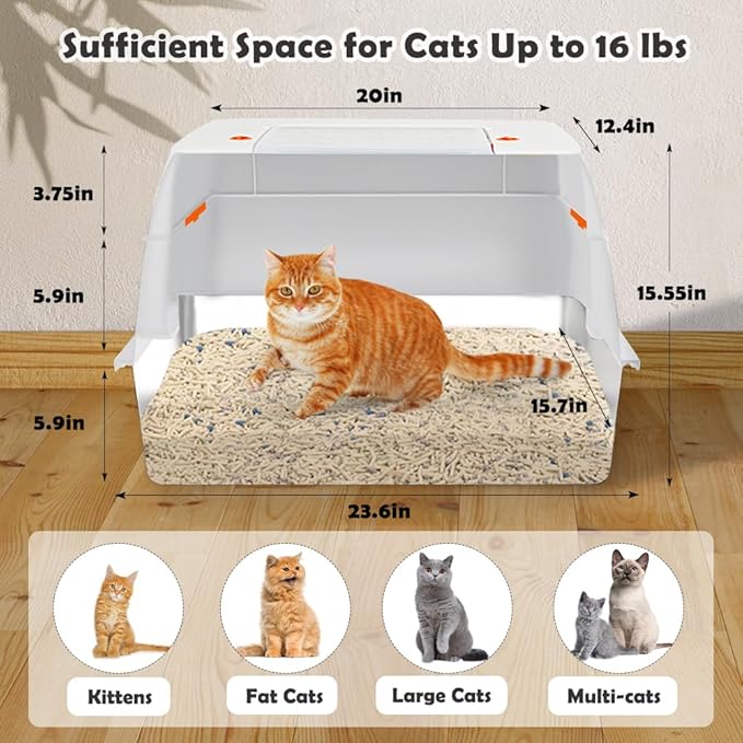 Vivifying Stainless Steel Litter Box with Lid, XL Side Entry Extra Large Litter Box for Big Cats & Kitty, Removable Enclosed Metal Cat Pan with High Sided Enclosure, Scoop, Mat, Footboard (Beige)