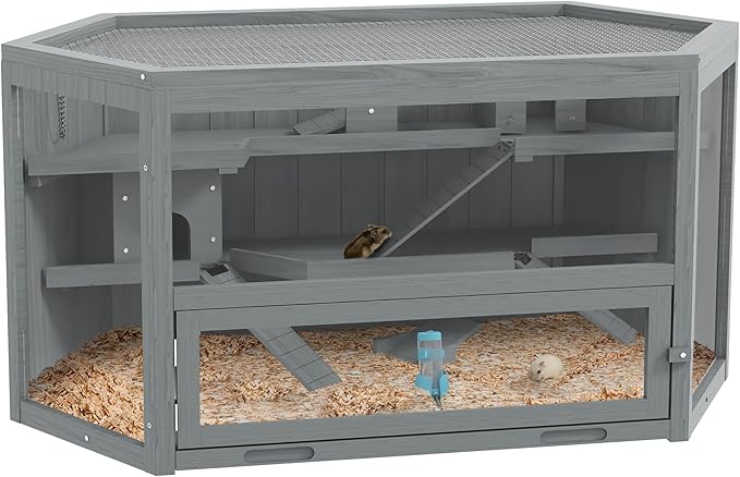 PawHut Wooden Large Hamster Cage, Rat Habitat, 3 Tier Small Animal Exercise Play House with Tray, Water Bottle, Activity Center, Gray