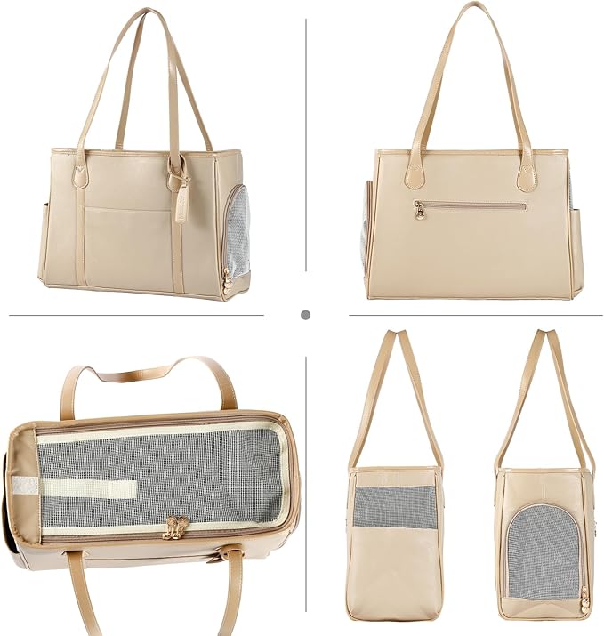 Stylish Dog Purse Carrier, Leather Pet Carrier Bag for Small Dogs Cats Puppy, Airline Approved Soft-Sided Carrier Ivory