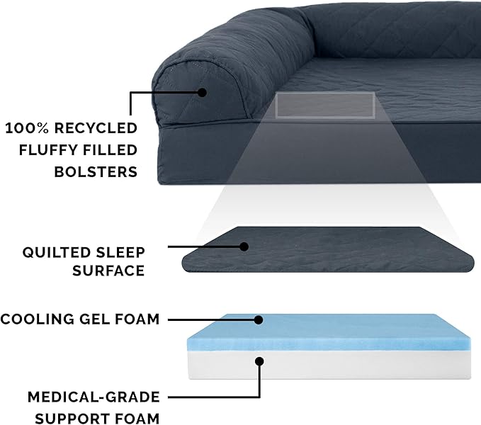 Furhaven Cooling Gel Dog Bed for Large Dogs w/ Removable Bolsters & Washable Cover, For Dogs Up to 125 lbs - Quilted Sofa - Iron Gray, Jumbo Plus/XXL