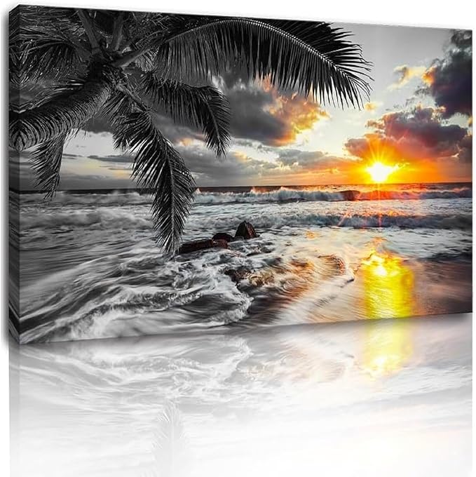 Yxbhhym-Large Canvas Ocean Wall Art Black White Gold Wall Art Beach Pictures for Walls Sunrise Seascape Scenery Print Palm Poster Wave Sea Artwork for Wall Art Living Room Office Wall Decor Bedroom