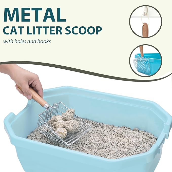 Cat Litter Scoop, Kitty Metal Scooper with Hook and Hole, Stainless Steel Kitten Poop Lifter for Litter Box, Non Stick, Durable and Heavy Duty Sifter for Easy Clean