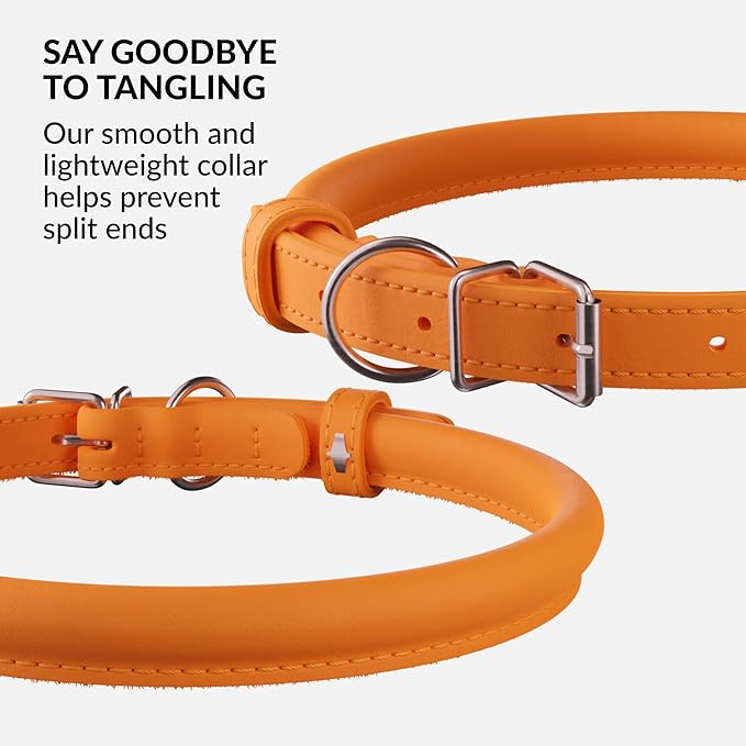 CollarDirect Rolled Leather Dog Collar, Soft Padded Round Puppy Collar, Handmade Genuine Leather Collar Dog Small Large Cat Collars 13 Colors (8-11 Inch, Orange Smooth)