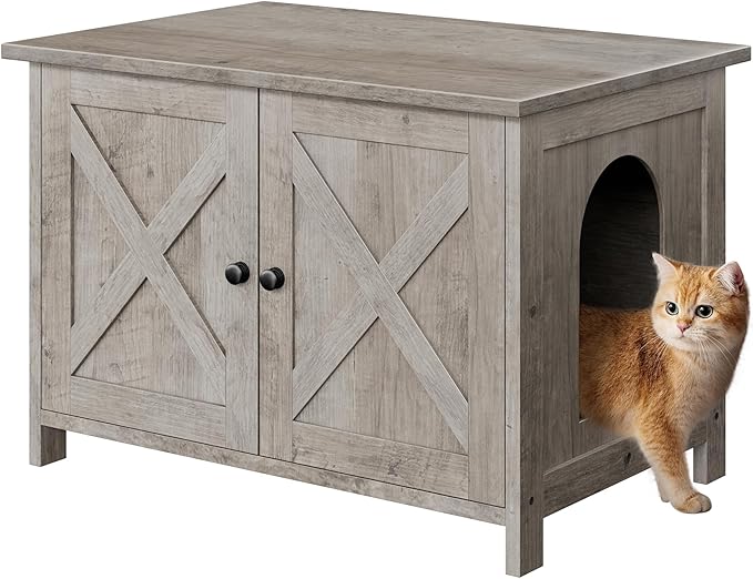 Vongrasig Cat Litter Box Enclosure,Litter Box Furniture Hidden with Barn Door,Wooden Cat Washroom Furniture,Cat House,End Table, Fit Most of Litter Box, Grey