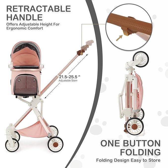 MoNiBloom 3 in 1 Pet Stroller with Adjustable Handle, Jogging Stroller w/Detachable Carrier & Lightweight Aluminum Frame for Dogs Cats, Soft Pink