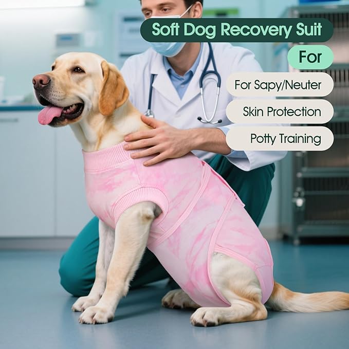 Kuoser Dog Surgery Recovery Suit, Anti Licking Pet Surgical Suit for Dogs Male Neuter, Female Dog Surgery Suit for Spay Subsititute E-Collar Cone, Dogs Body Suits After Surgery Pink Tie Dye XS