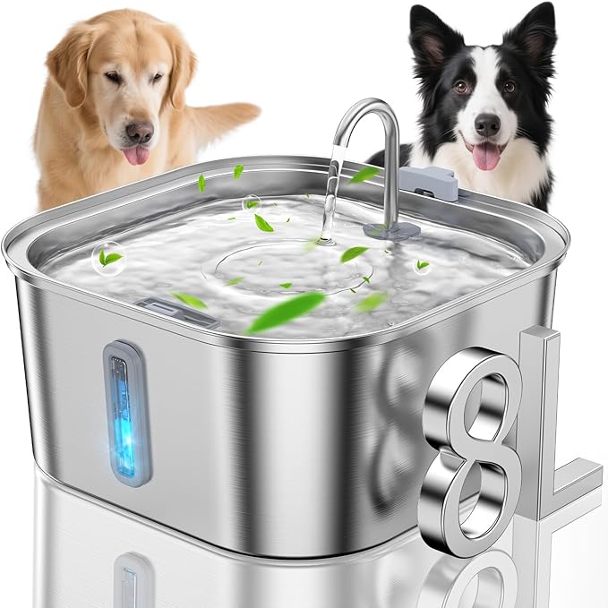 Dog Water Fountain for Large Dogs, 8L/2.1Gal Stainless Steel Pet Water Fountain with Water Level Window, Automatic Dog Water Bowl Dispenser for S-L Dogs and Multi-Pets