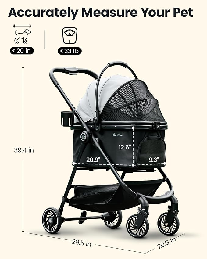 Pet Stroller for Small Dogs and Cats, One-Click Foldable Dog Stroller with Detachable Carrier & 3 Safety Tethers, Holds up to 33 lbs, Storage Basket & Cup Holder, Breathable Mesh, Black